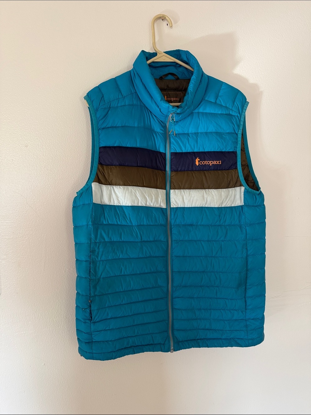 cotopaxi Teal Quilted Down Vest with Navy, Olive & White Stripes